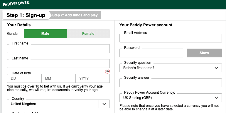 Paddy Power Registration Form