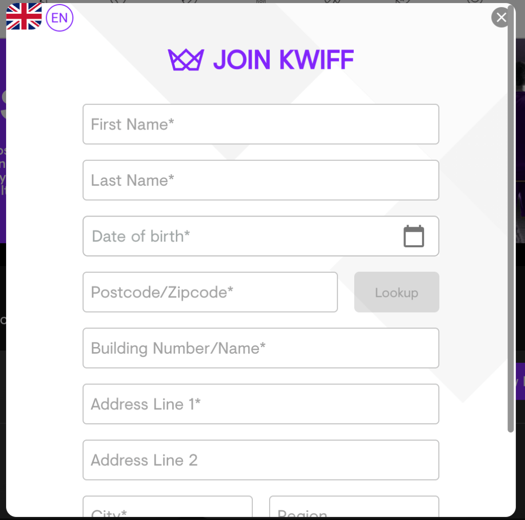 kwiff welcome offer sign up form