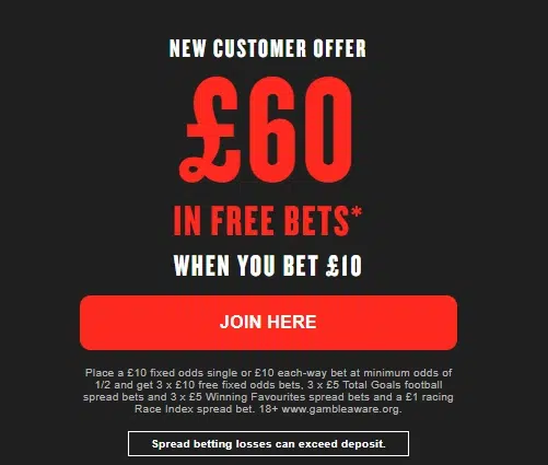 SpreadEx UK Welcome Offer Bet £10 Get £60 in Free Bets