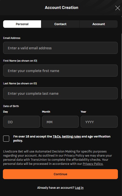 account creation form 2026 at livescore bet uk