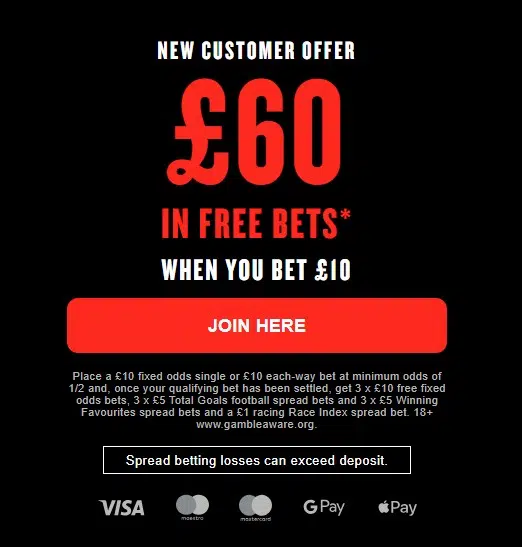 spreadex sports new welcome offer for uk players bet 10 get 60